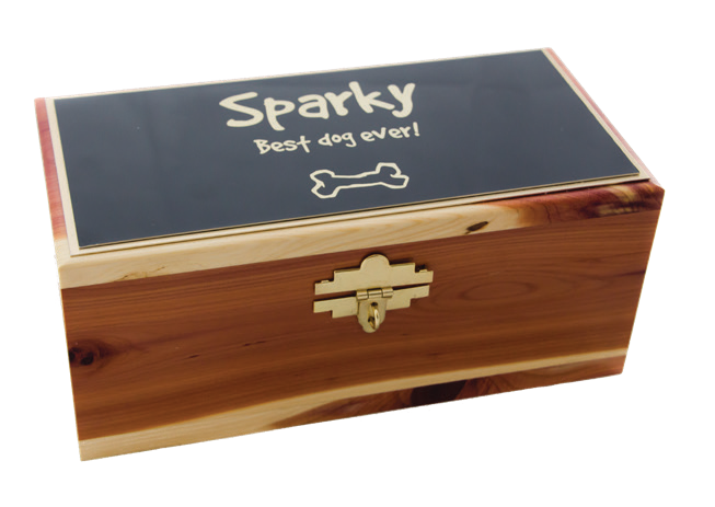 Cedar memorial box with engraved pet name Sparky