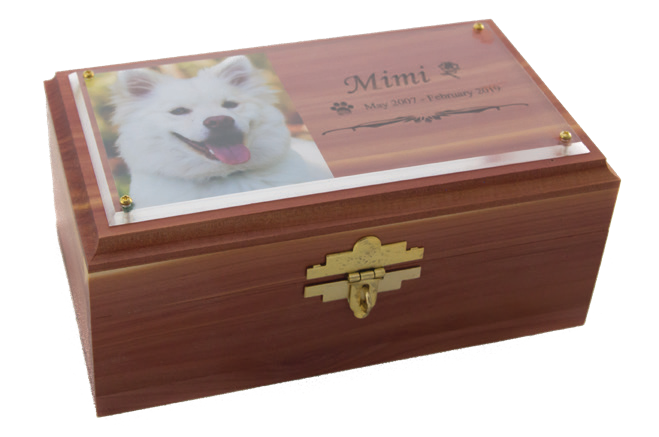 Personalized cedar pet memorial box with photo engraving