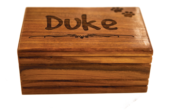 Walnut pet memorial box engraved with pet name Duke